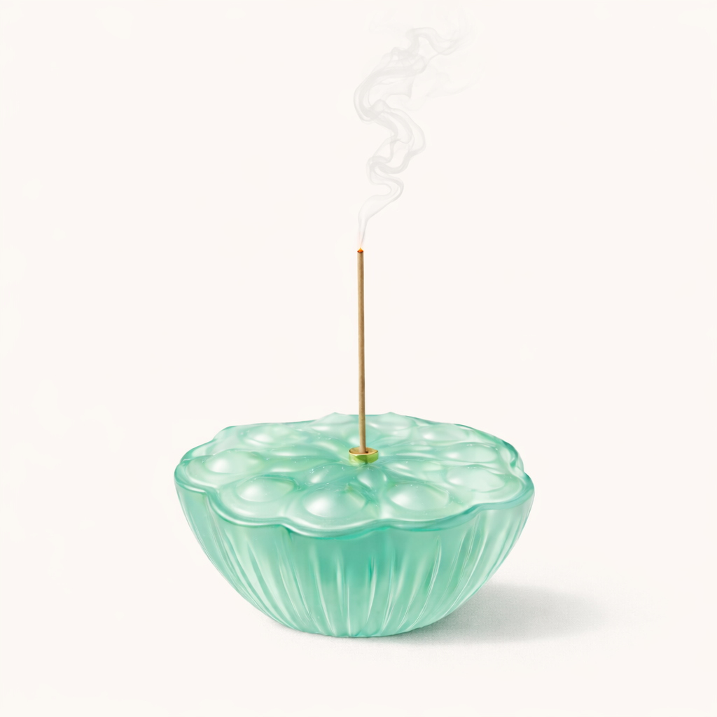 Glass lotus incense holder with ash catcher for natural incense sticks, meditation, relaxation, and home fragrance.