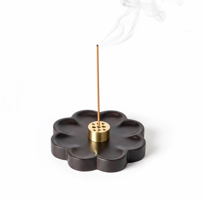 Sakura Wooden Incense Holder with 9-Hole Brass Plate