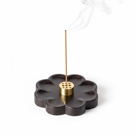 Sakura Wooden Incense Holder with 9-Hole Brass Plate