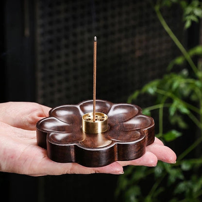 Sakura Wooden Incense Holder with 9-Hole Brass Plate