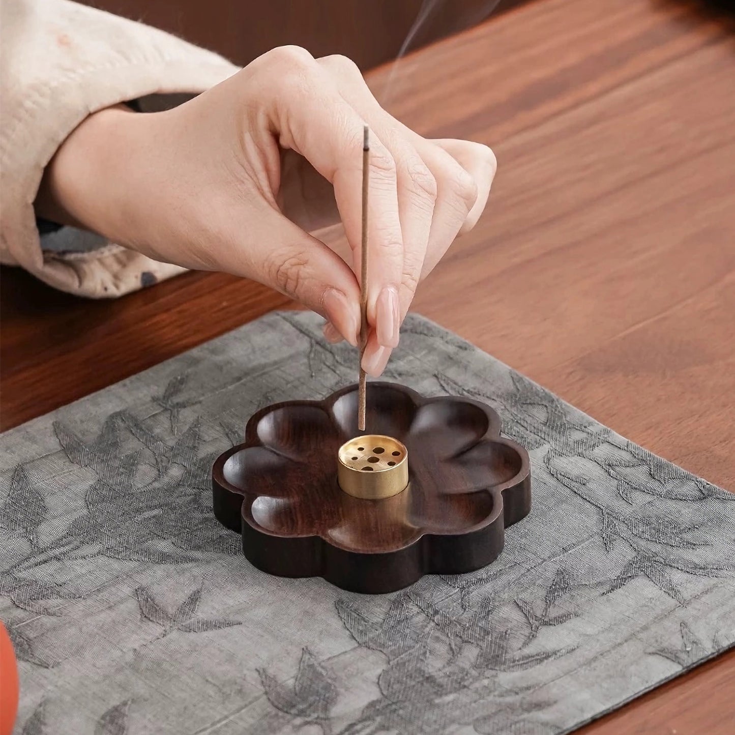 Sakura Wooden Incense Holder with 9-Hole Brass Plate