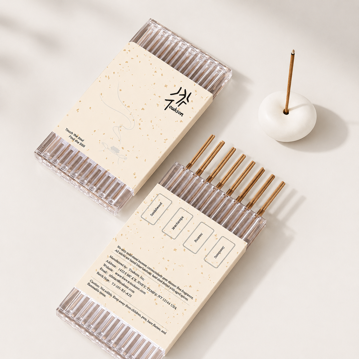Toukson Focus Series Discovery Set flat lay with natural incense sticks and minimalist packaging