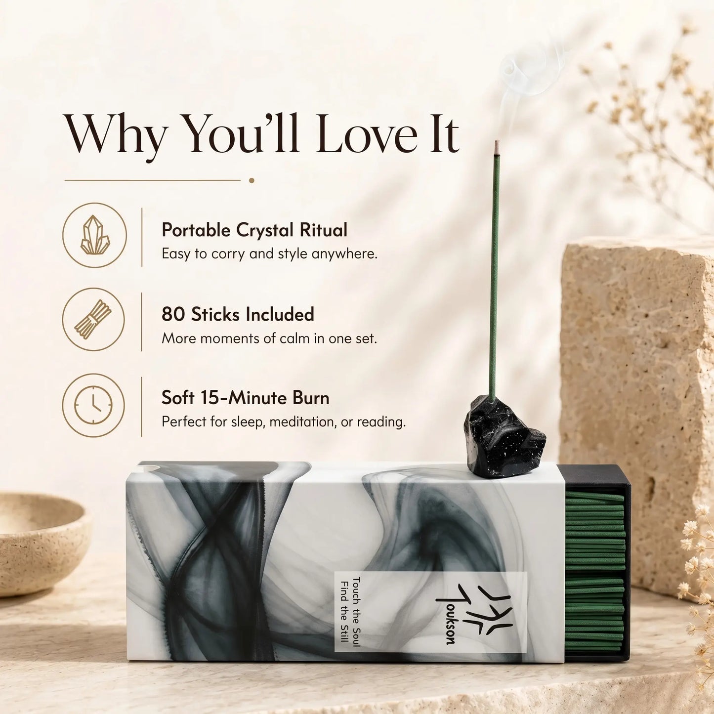 Focus Time crystal incense set product details for a calm and focused home atmosphere