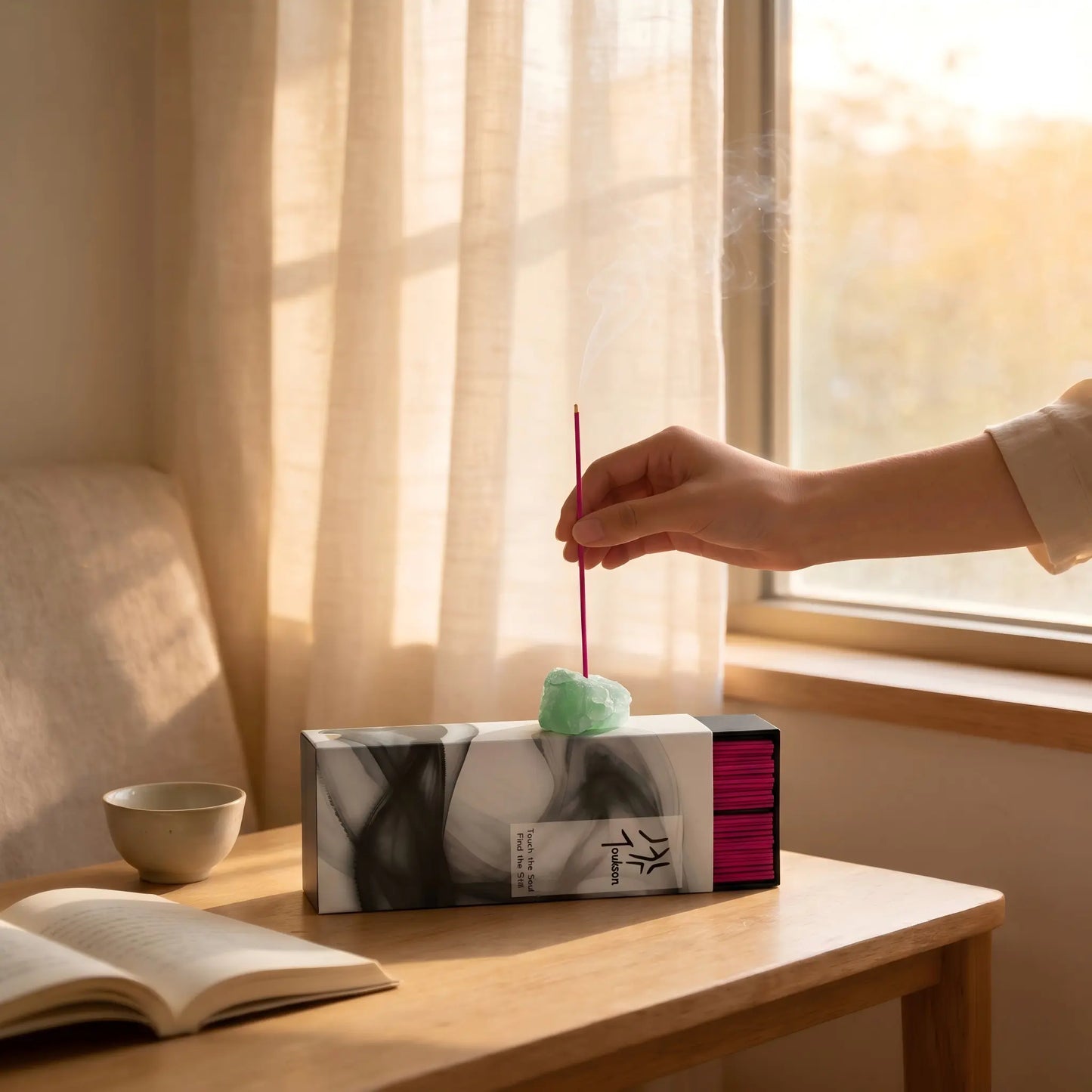 Fresh Shower crystal incense set styled in a bright room for fresh everyday aromatherapy