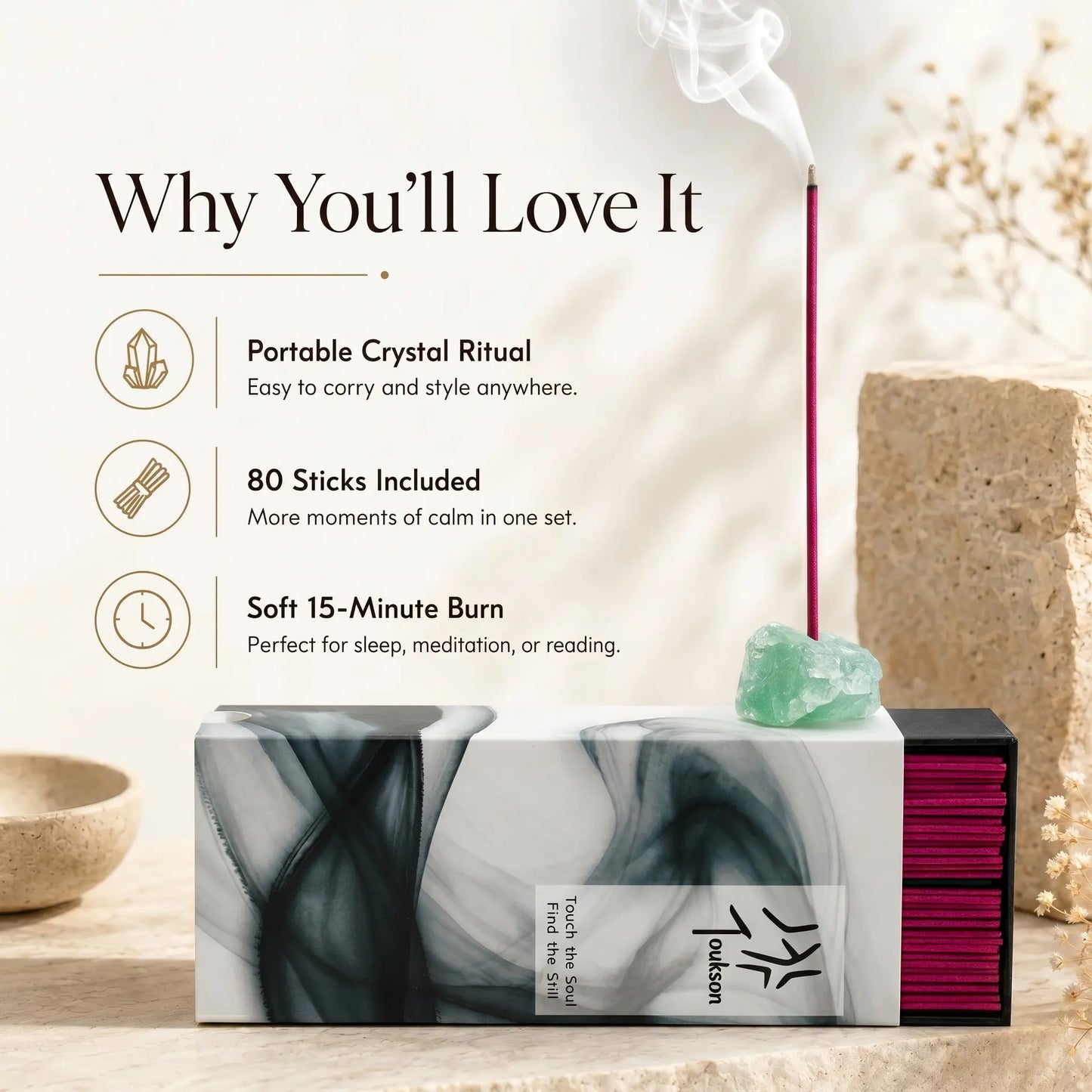 Fresh Shower crystal incense set product details with natural incense and crystal holder