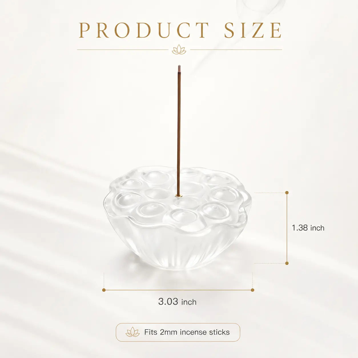 Clear product view of a glass lotus incense holder with ash catcher for incense sticks