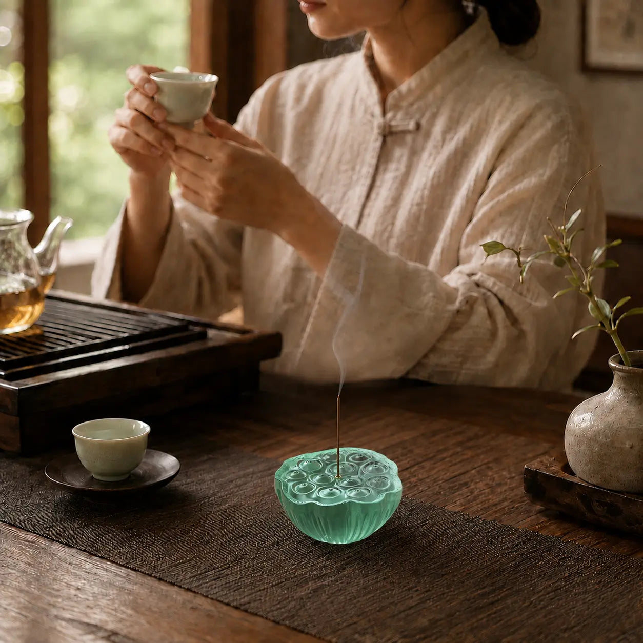 Warm lifestyle scene with a glass lotus incense holder for peaceful home rituals