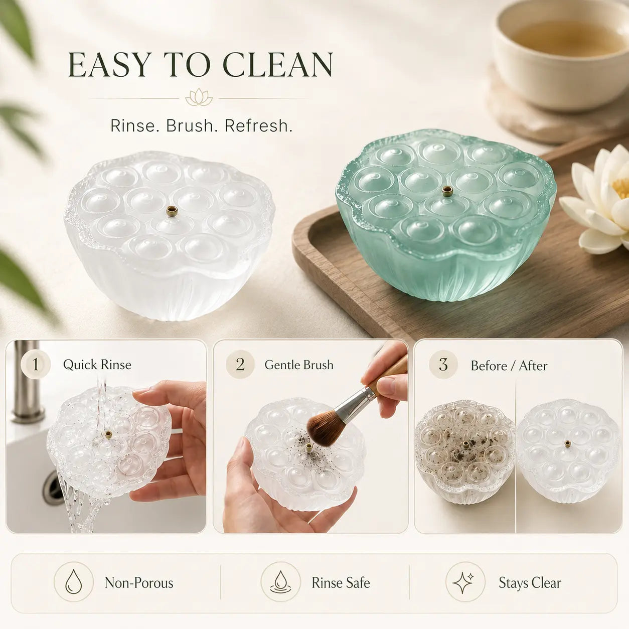 Glass lotus incense holder product details with ash catcher and decorative design