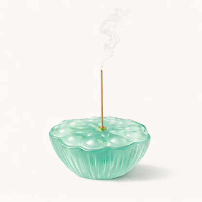 Glass lotus incense holder with ash catcher for natural incense sticks, meditation, relaxation, and home fragrance.