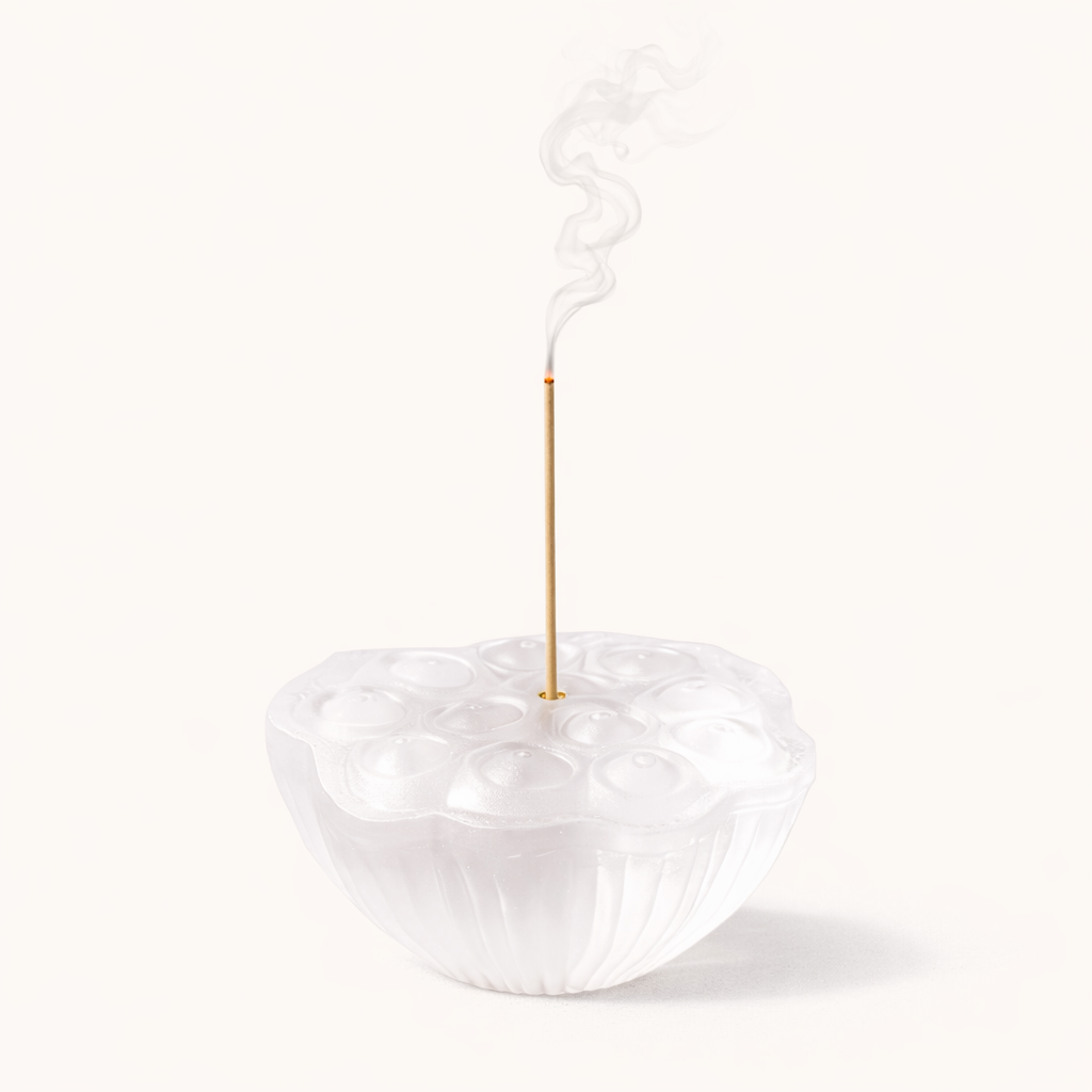 Glass lotus incense holder with ash catcher for natural incense sticks, meditation, relaxation, and home fragrance.