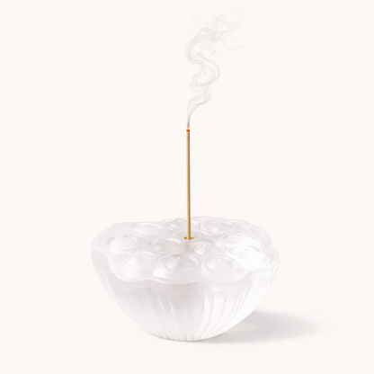 Glass lotus incense holder with ash catcher for natural incense sticks, meditation, relaxation, and home fragrance.