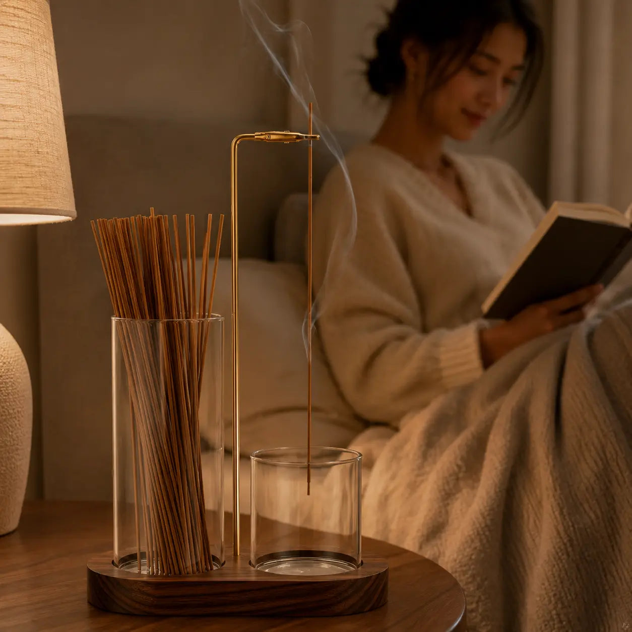 Modern wooden incense holder with glass ash catcher for clean and peaceful incense burning