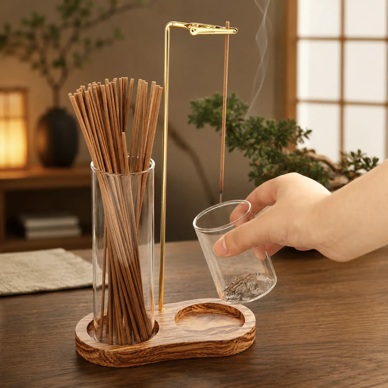Minimalist wood and glass incense holder with a single incense stick for calm home rituals