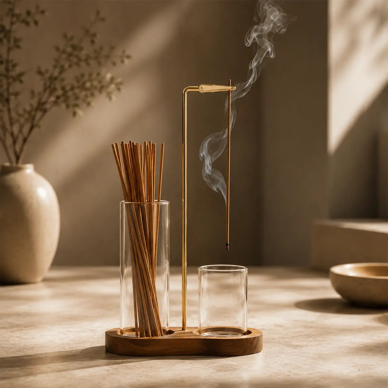 Warm lifestyle image of a wood and glass incense holder for meditation and relaxation