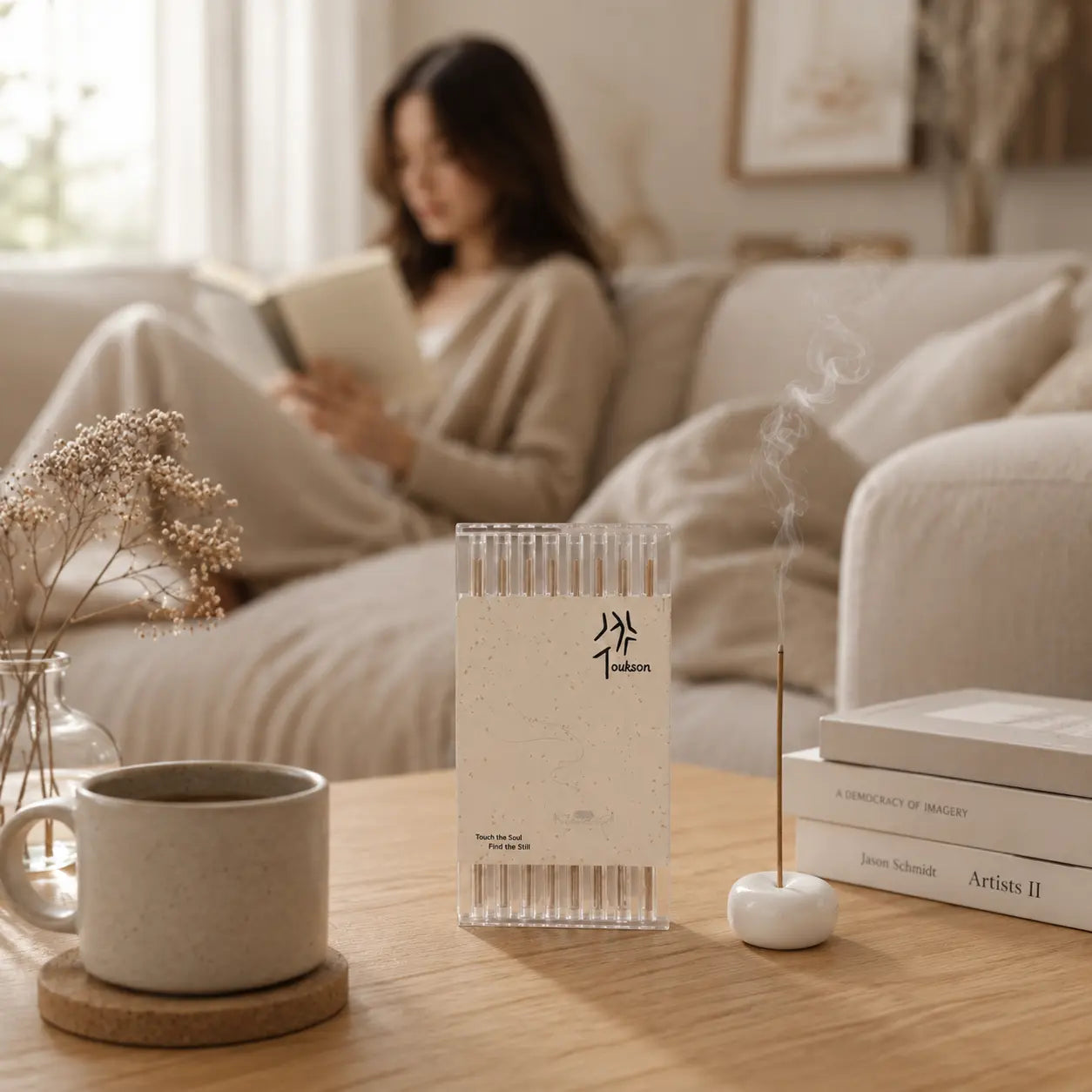 Toukson natural incense in a cozy reading corner for quiet moments and peaceful home fragrance