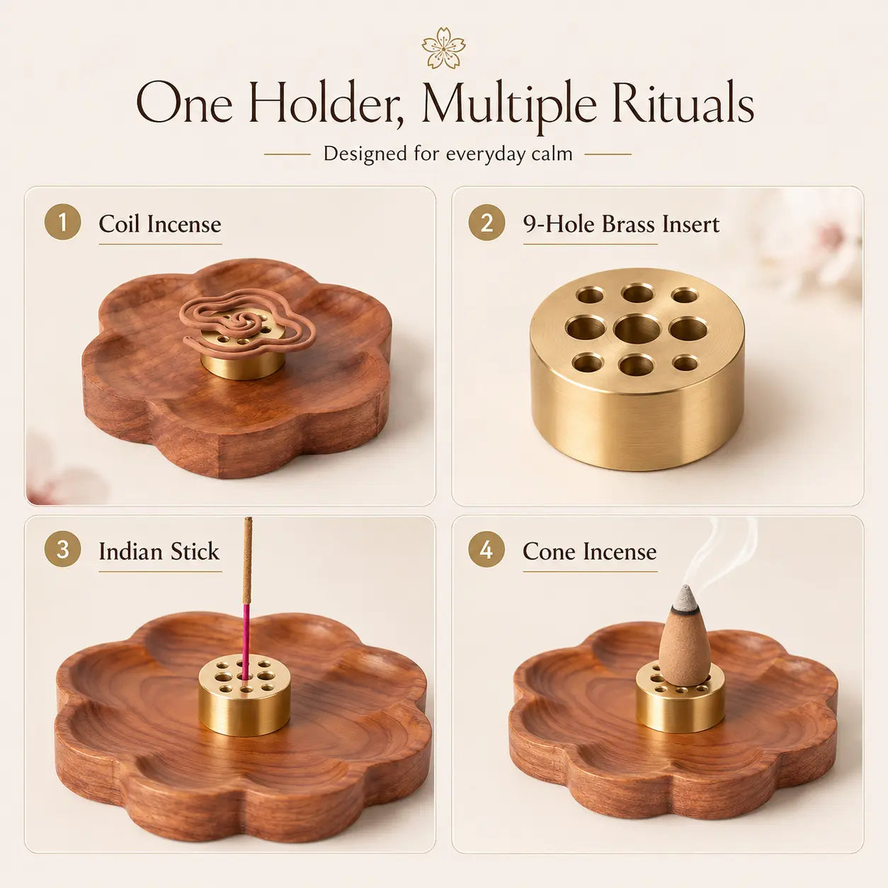 Sakura wooden incense holder product details with natural wood grain and smooth finish