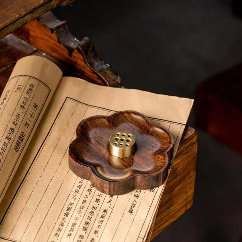 Sakura Wooden Incense Holder with 9-Hole Brass Plate