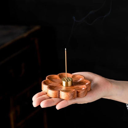 Sakura Wooden Incense Holder with 9-Hole Brass Plate