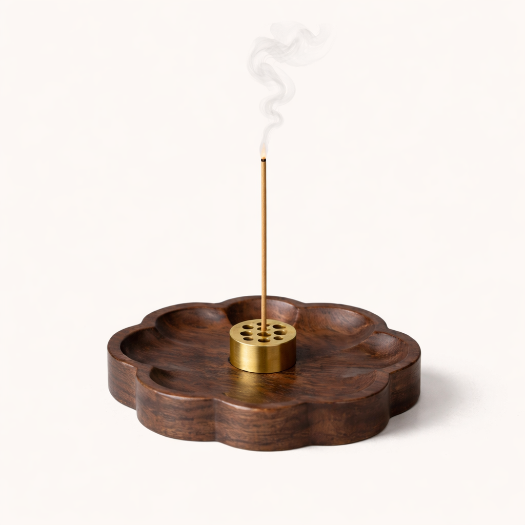 Sakura wooden incense holder with 9-hole brass plate for natural incense sticks, meditation, relaxation, and home fragrance.
