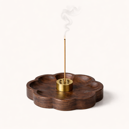 Sakura wooden incense holder with 9-hole brass plate for natural incense sticks, meditation, relaxation, and home fragrance.
