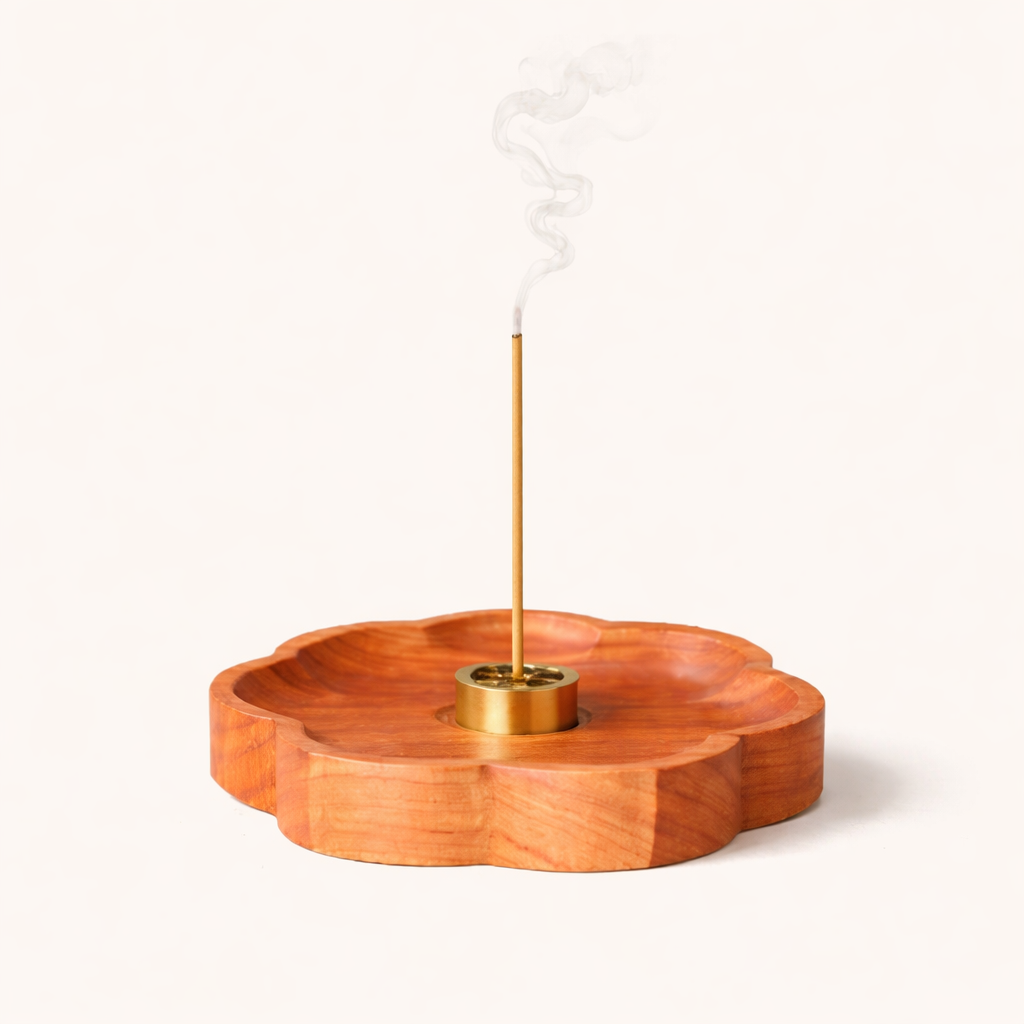 Sakura wooden incense holder with 9-hole brass plate for natural incense sticks, meditation, relaxation, and home fragrance.