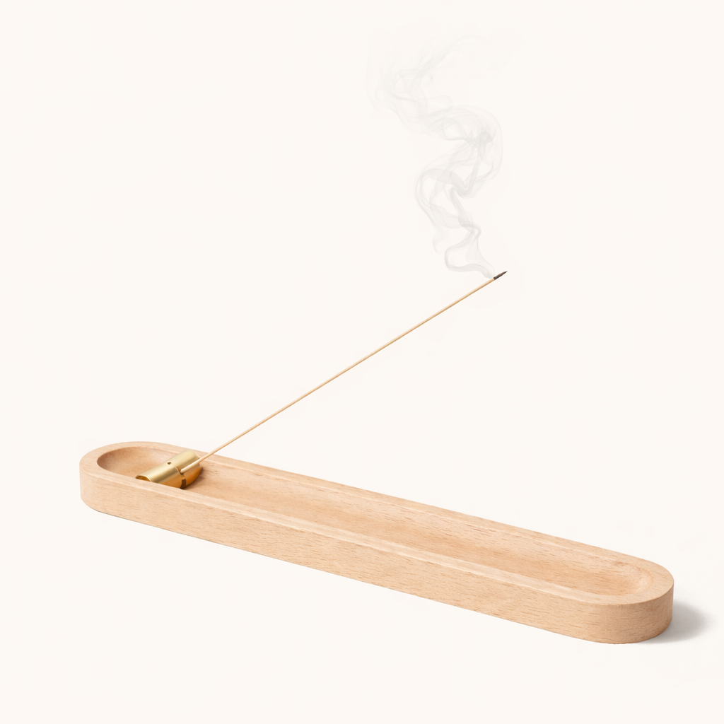 Walnut and brass incense holder with ash catcher for natural incense sticks, meditation, relaxation, and home fragrance.