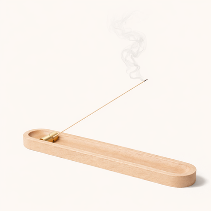 Walnut and brass incense holder with ash catcher for natural incense sticks, meditation, relaxation, and home fragrance.