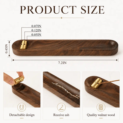 Walnut brass incense holder with ash catcher designed to keep surfaces clean