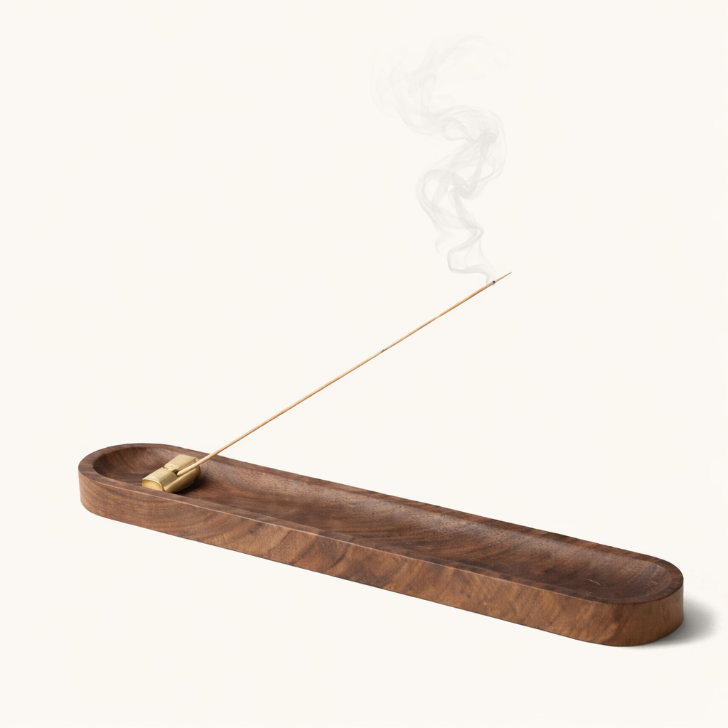 Walnut and brass incense holder with ash catcher for natural incense sticks, meditation, relaxation, and home fragrance.