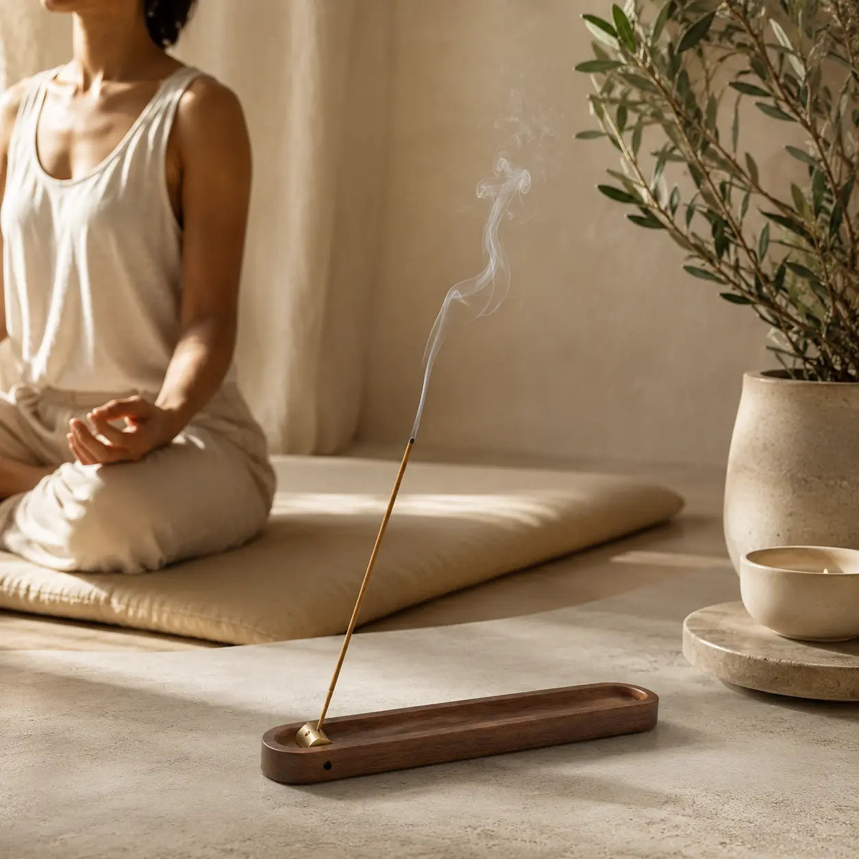 Minimalist walnut wood and brass incense holder for modern home fragrance rituals