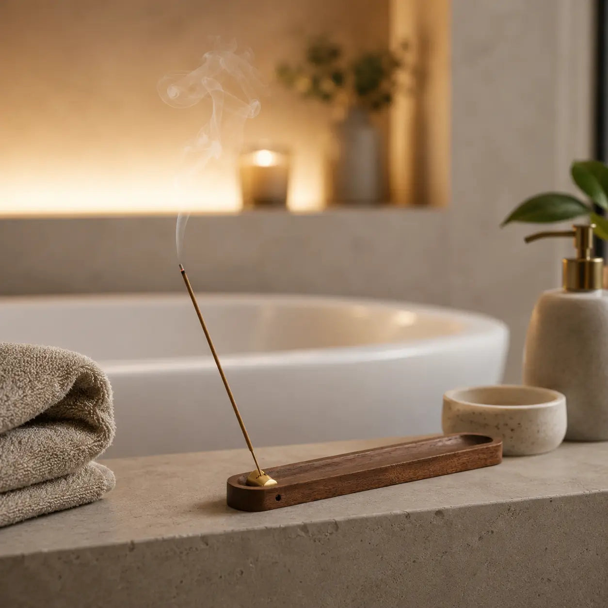 Walnut and brass incense holder with ash catcher for clean incense burning
